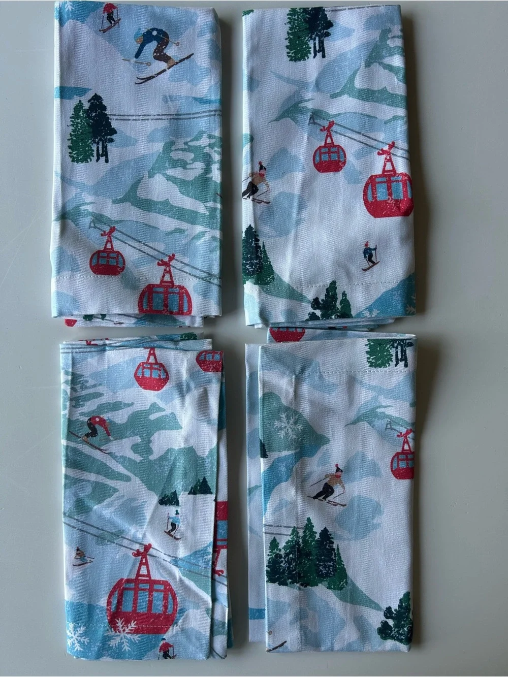 Williams and Sonoma Ski Resort Cable Car Print Cotton Napkins - White, Red, Teal